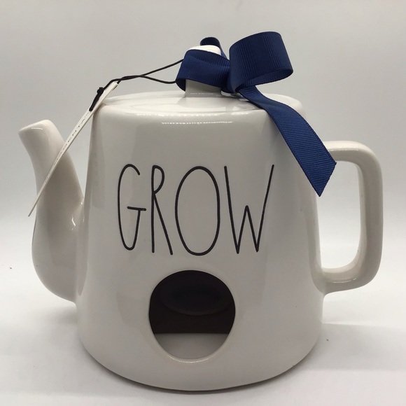 NWT Rae Dunn "Grow" Tea Pot Birdhouse with Navy Blue Grosgrain Ribbon